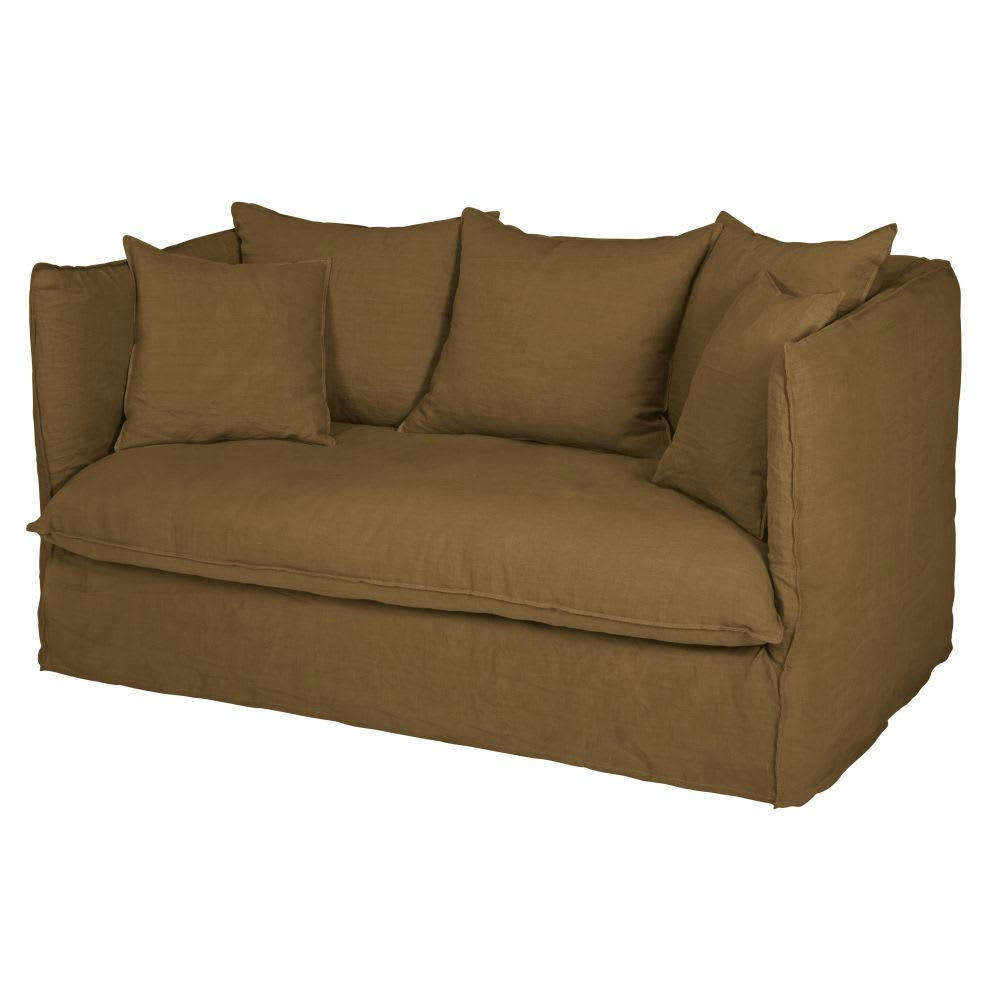 Louvain - Housse de canapé-lit 2 places en lin froissé marron havane