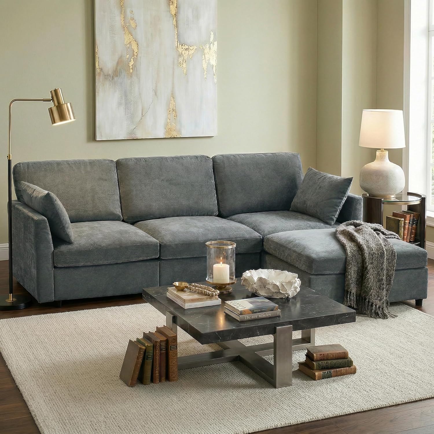 Iroomy Sectional Couch for Living Room, Comfy L Shaped Convertible Sofa, 4 Seater Modern Chenille Sofa with Ottoman, Grey | Movable, Balanced Comfort, Soft-Strong Chenille, Apartment-Friendly
