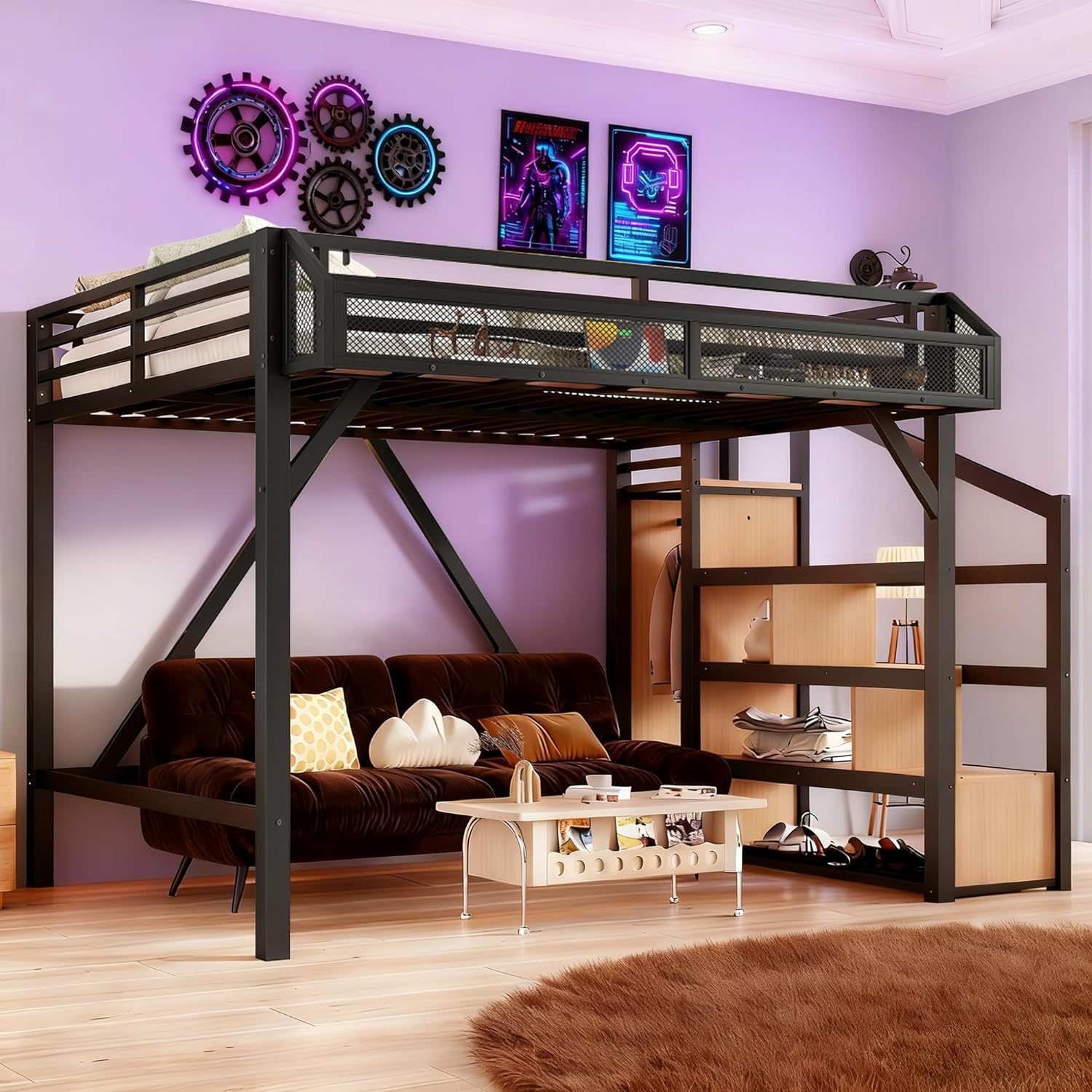 Bellemave Full Size Loft Bed with Storage Stairs, Shelves & Wardrobe, Metal Full Loft Bed Frame with LED Lights & USB Ports for Kids Teens, Noise-Reduced Design, Natural Wood