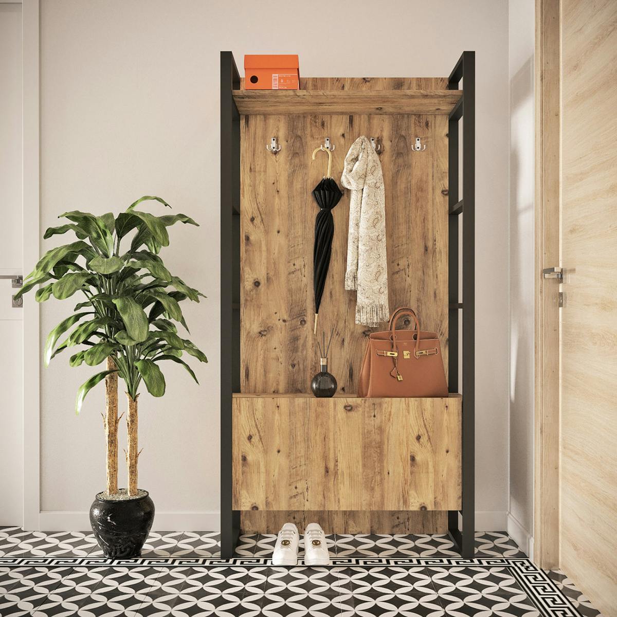 Vestiaire d'entrée rustique chic 1 rangement bas 1 étagère JENA
