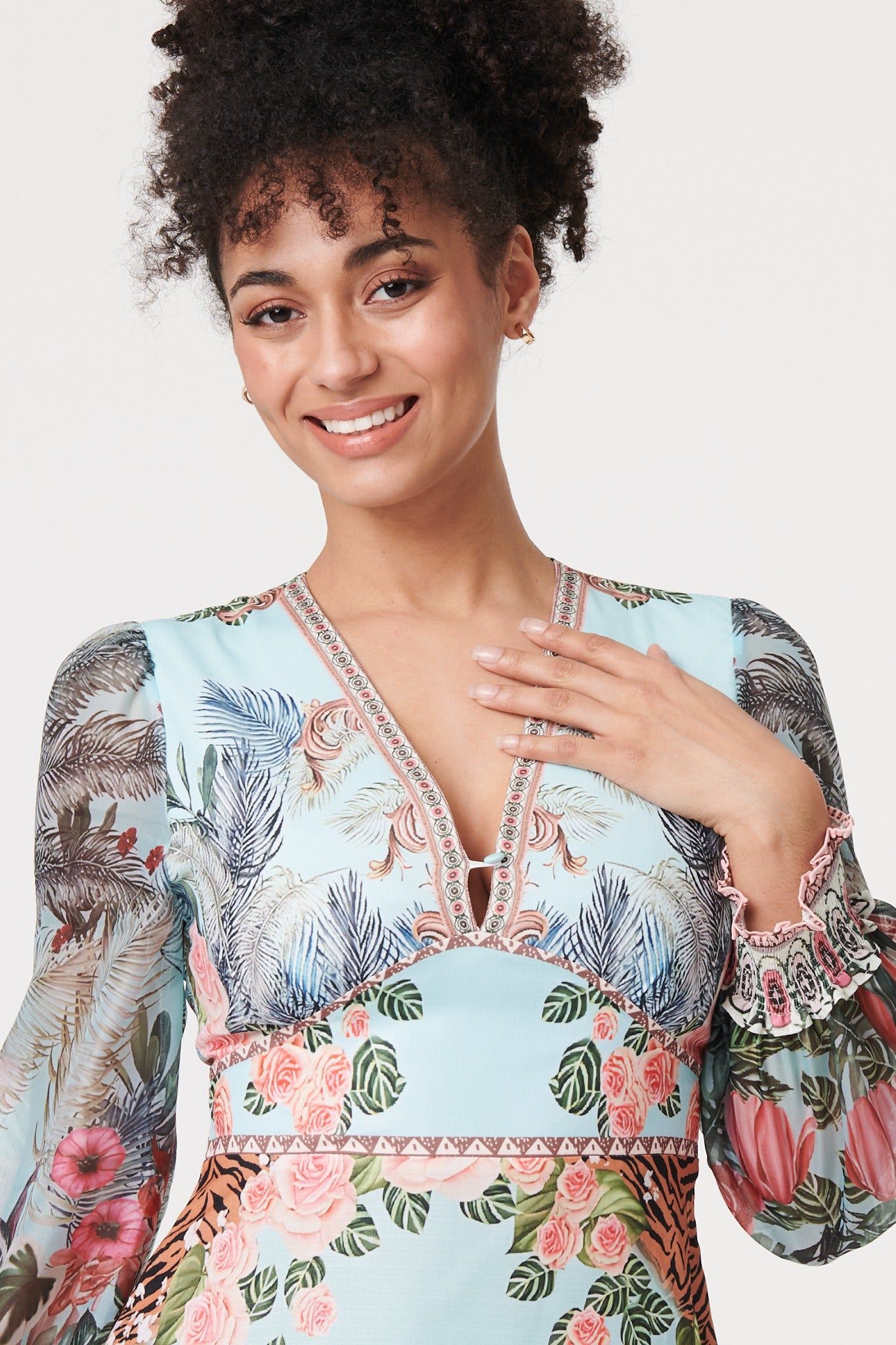 Izabel London Tropical Print Empire Waist Midi Dress