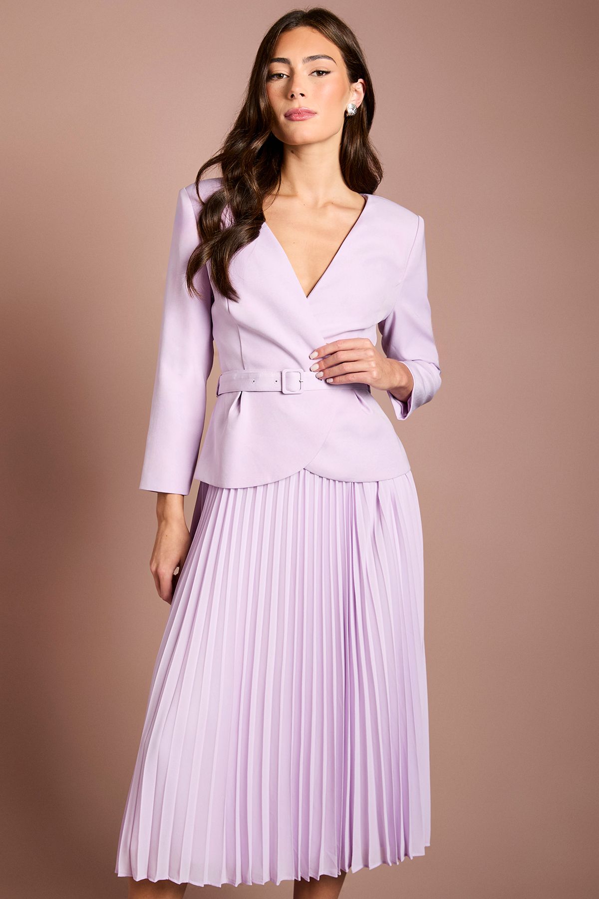Coast Crepe Bodice Long Sleeve Pleated Midi Dress