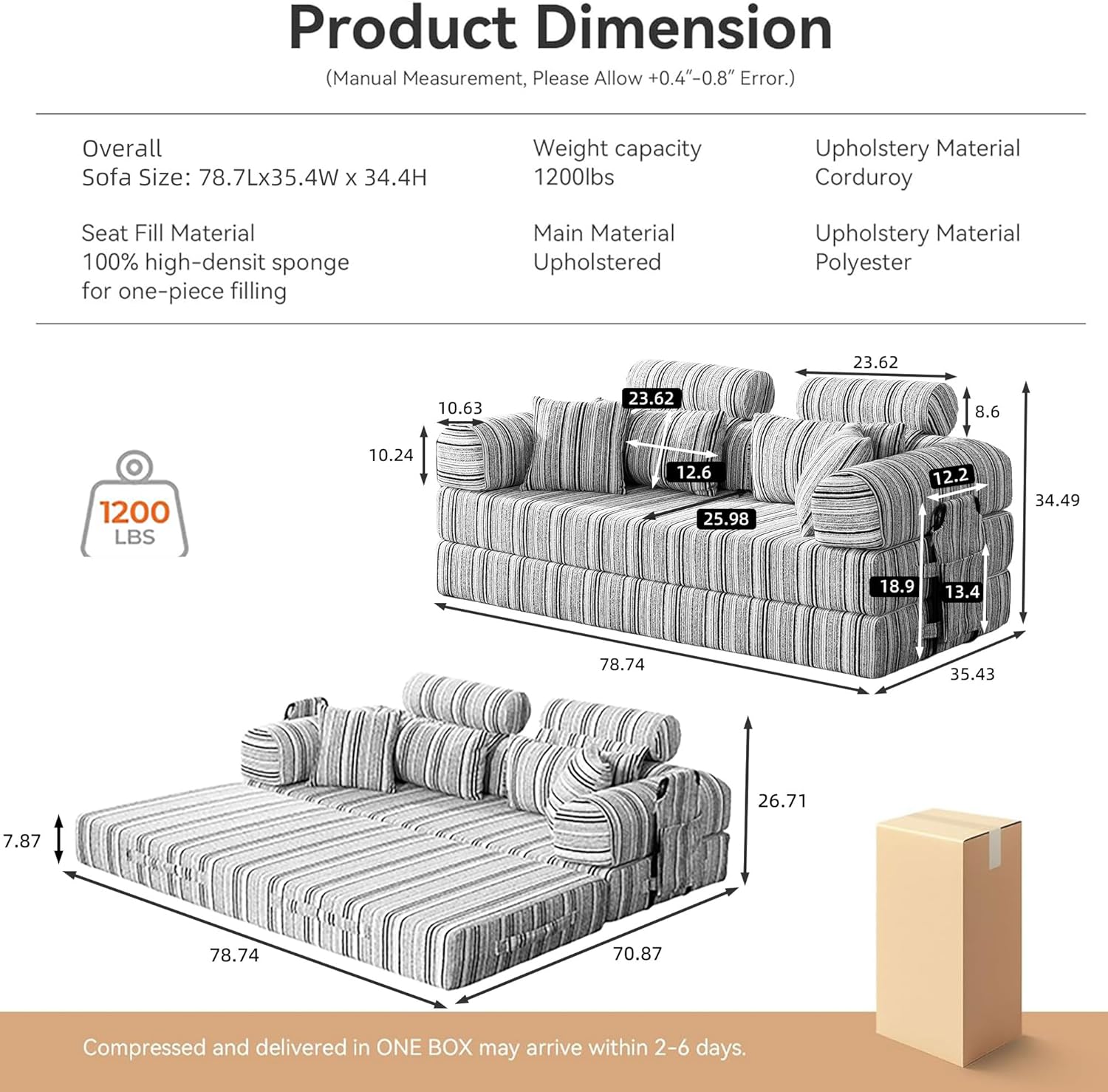 SAVENICA 79'' Upgrade High Backrest Sofa Bed with Fixed Frame, Removable Armrests & Backrest, Corduroy Fabric Convertible Couch for Small Spaces, No Assembly Needed (Black and White)