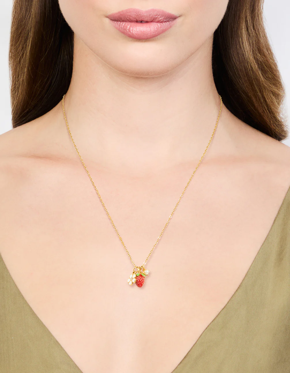 Waterproof Gold Plated Stainless Steel Strawberry & Flower Pendant Necklace