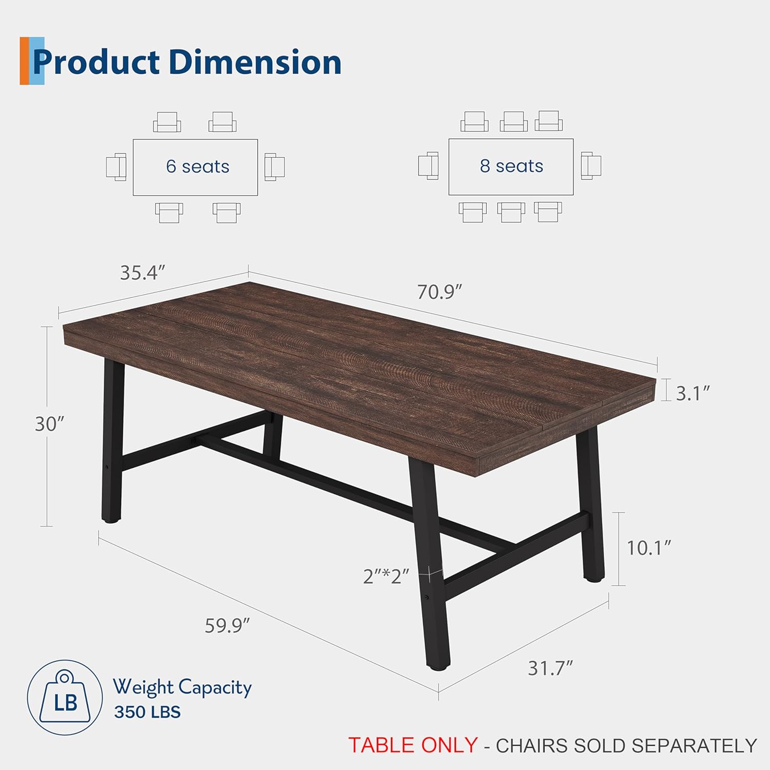 GarveeHome Industrial Dining Table for 6-8 People, 70.87 Long Kitchen Table with Sturdy Metal Frame, Rectangular Counter for Dinner, Kitchen, Dining Room (Rustic Birch, 71 Non-extendable)