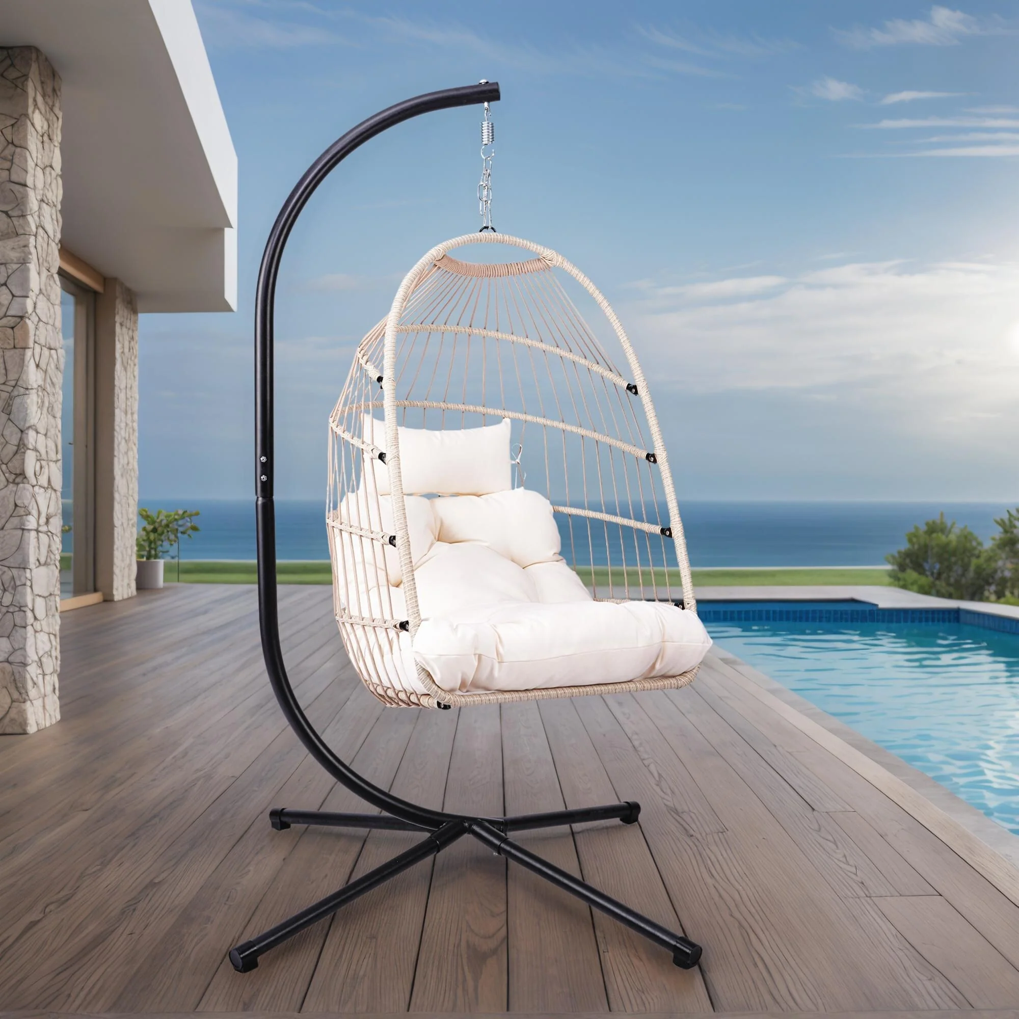 Outdoor Hammock Egg Chair with Stand, Patio Wicker Foldable Swing Chair Hanging Chair with Washable Cushion