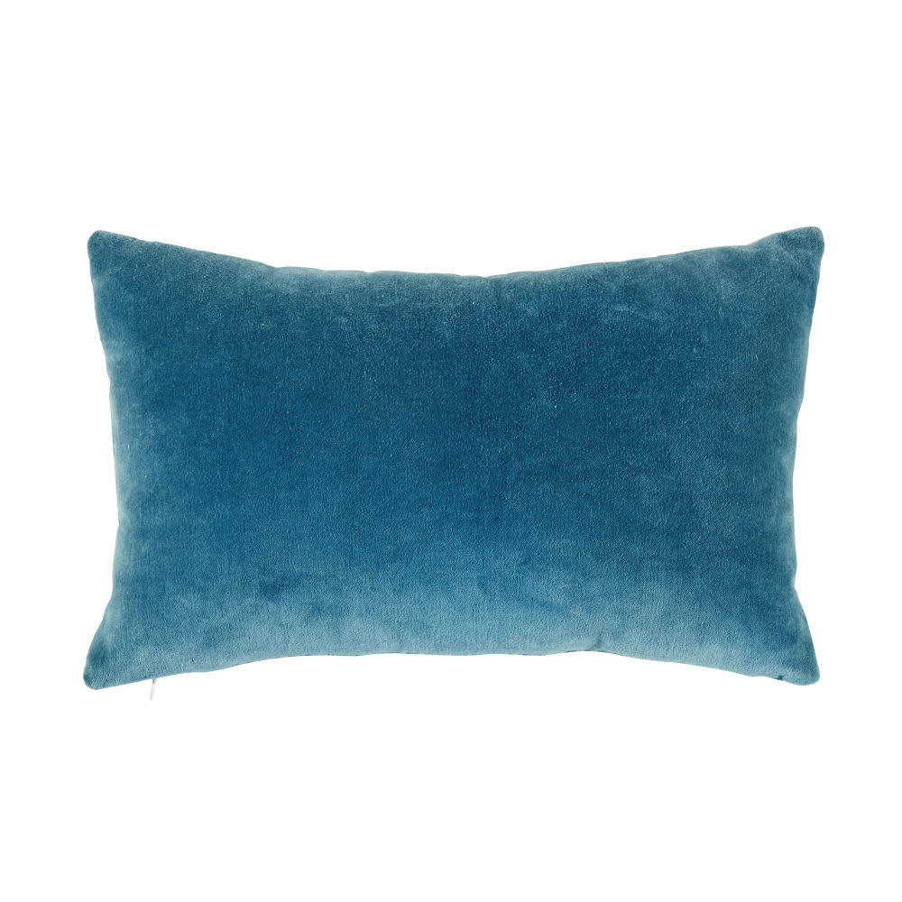 SACRAMENTO - Coussin en velours bleu canard motifs graphiques brodés dorés 25x40