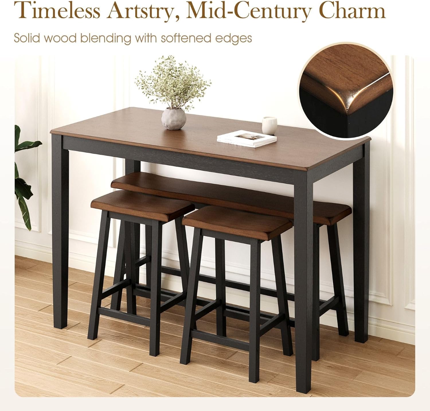 Sophia & William Dining Table Set for 4, Counter Height Table and Chairs Set of 4, Wood Kitchen Table Set with Bench and Chairs, Rectangular Breakfast Dining Set Space Saving, Walnut & Black
