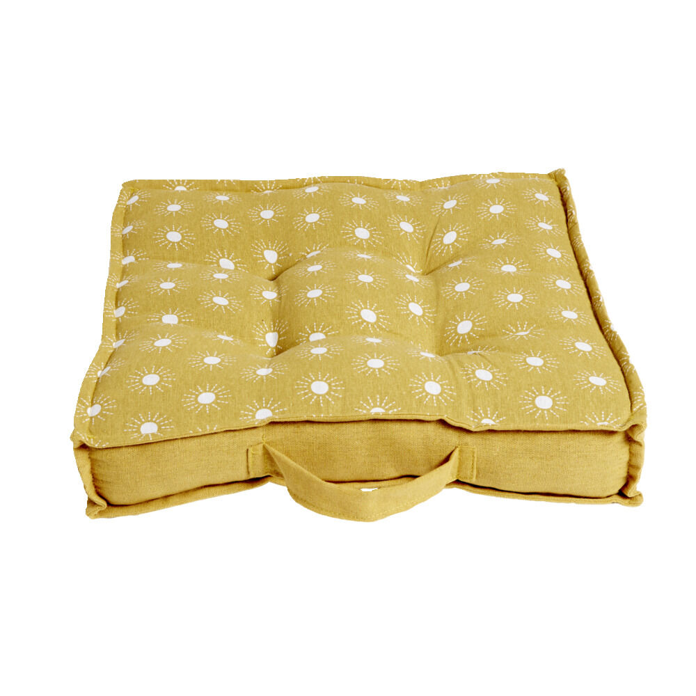 Coussin de sol carré jaune moutarde motifs pois blancs 40x40cm