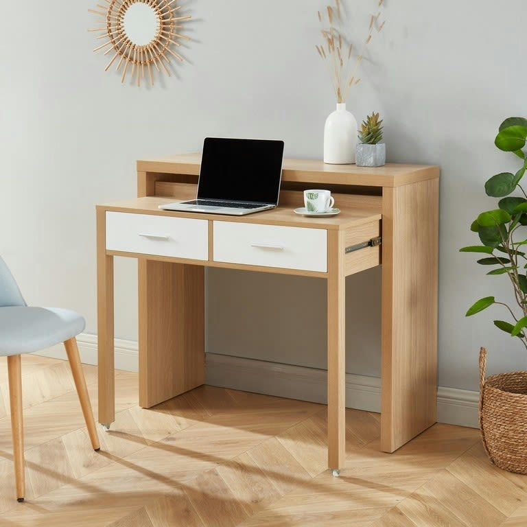 STUDIO - Bureau extensible   blanc et effet chêne 2 tiroirs bois clair et blanc