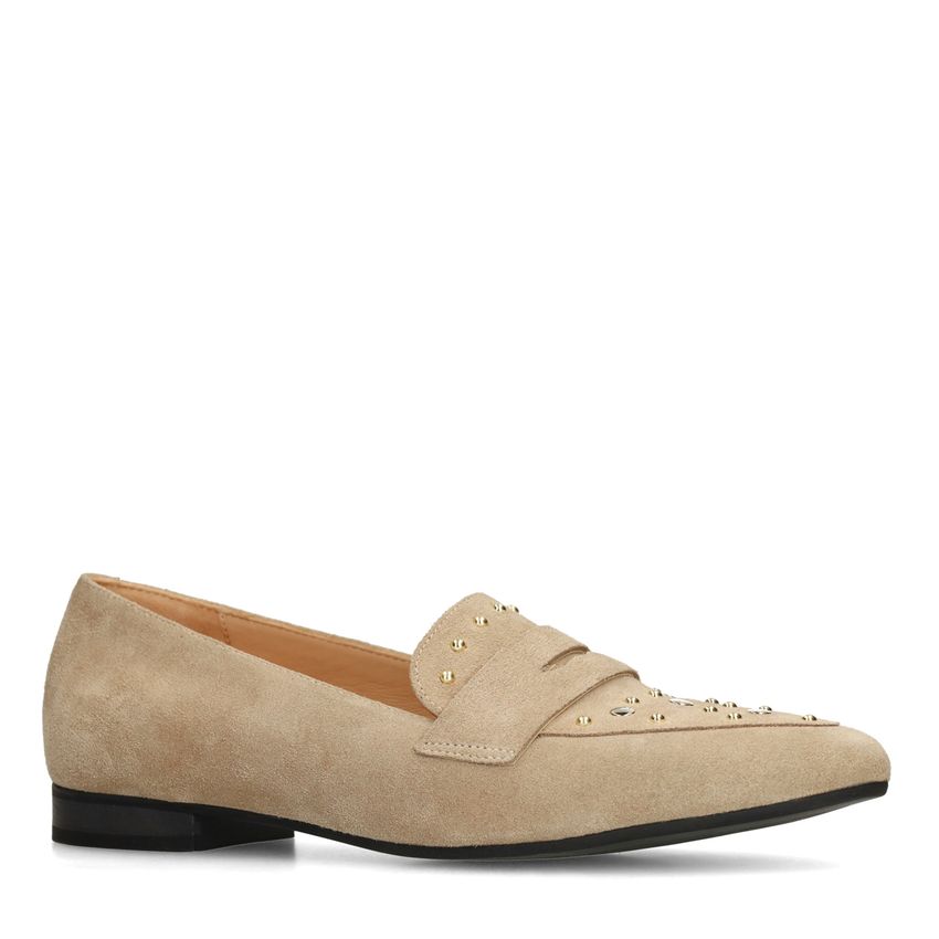 Manfield Beige suède loafers met gouden studs