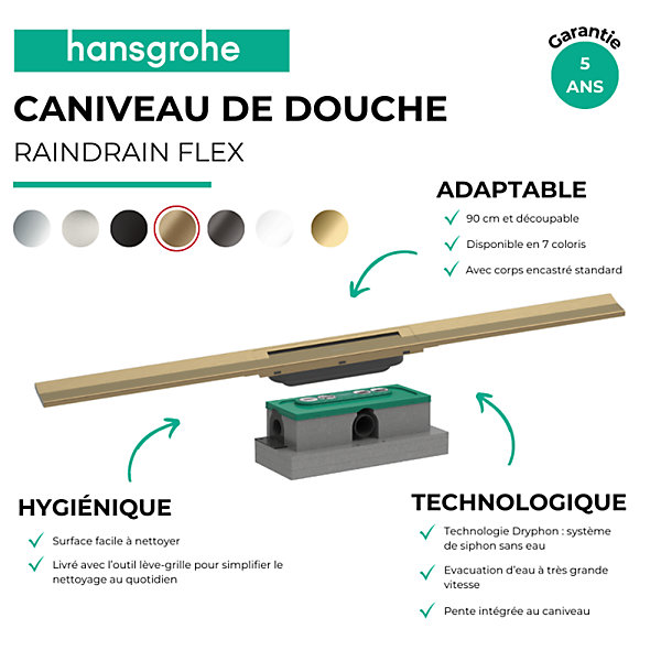 Caniveau de douche HANSGROHE RainDrain Flex 90 Bronze brossé   Corps encastré standard