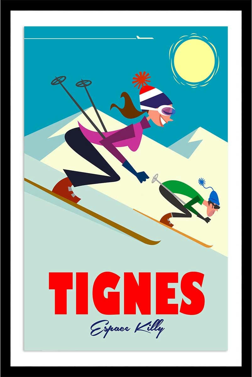 - Affiche Ski à Tignes avec cadre noir 30x45cm