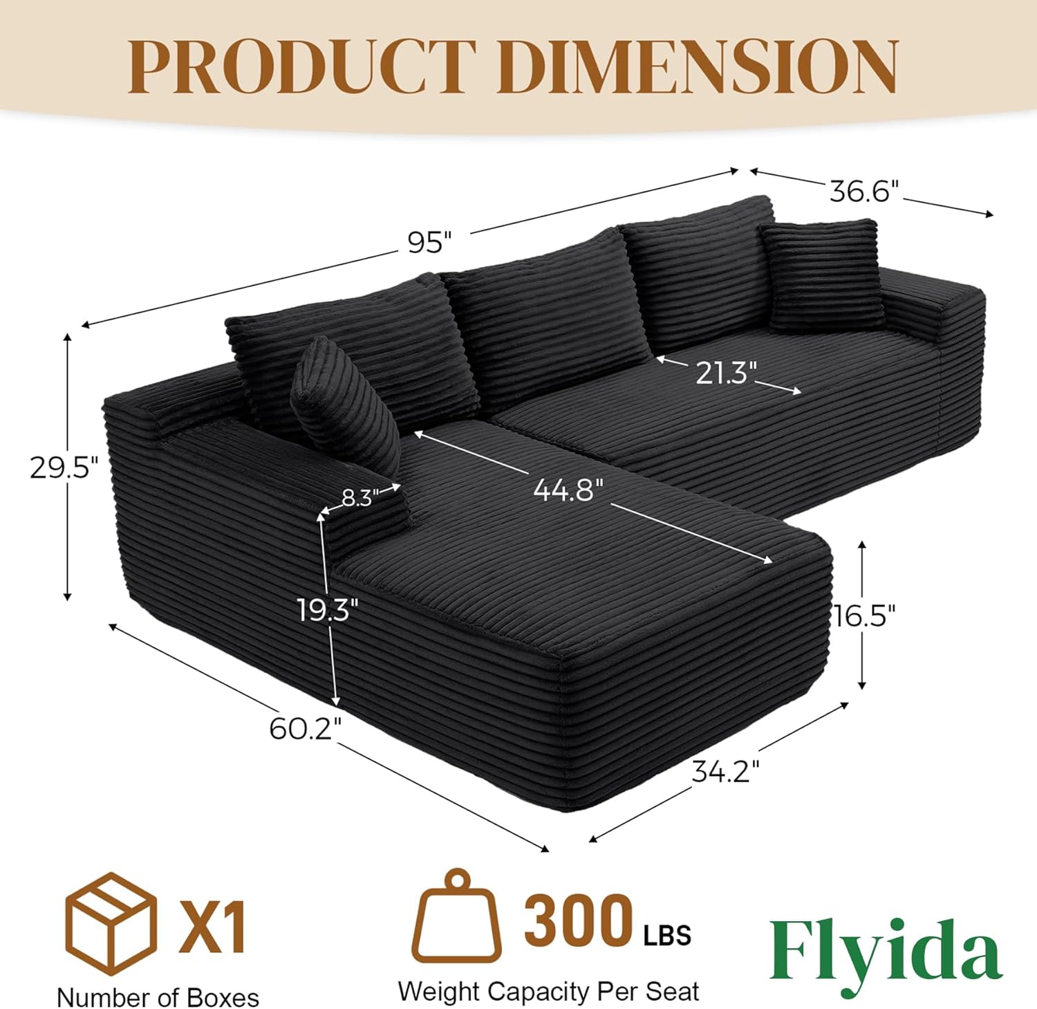 95 Boneless Cloud Sectional Couches for Living Room, Comfy Fluffy L Shaped Memory Foam Deep Seat Boneless Couch, Modular Sectional Sofa with Left Facing Chaise, Black