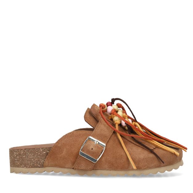 Cognac suède clogs met franjes
