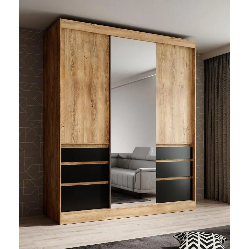 Meubella - Kledingkast Henry - Eiken - Zwart - 180 cm - Met spiegel