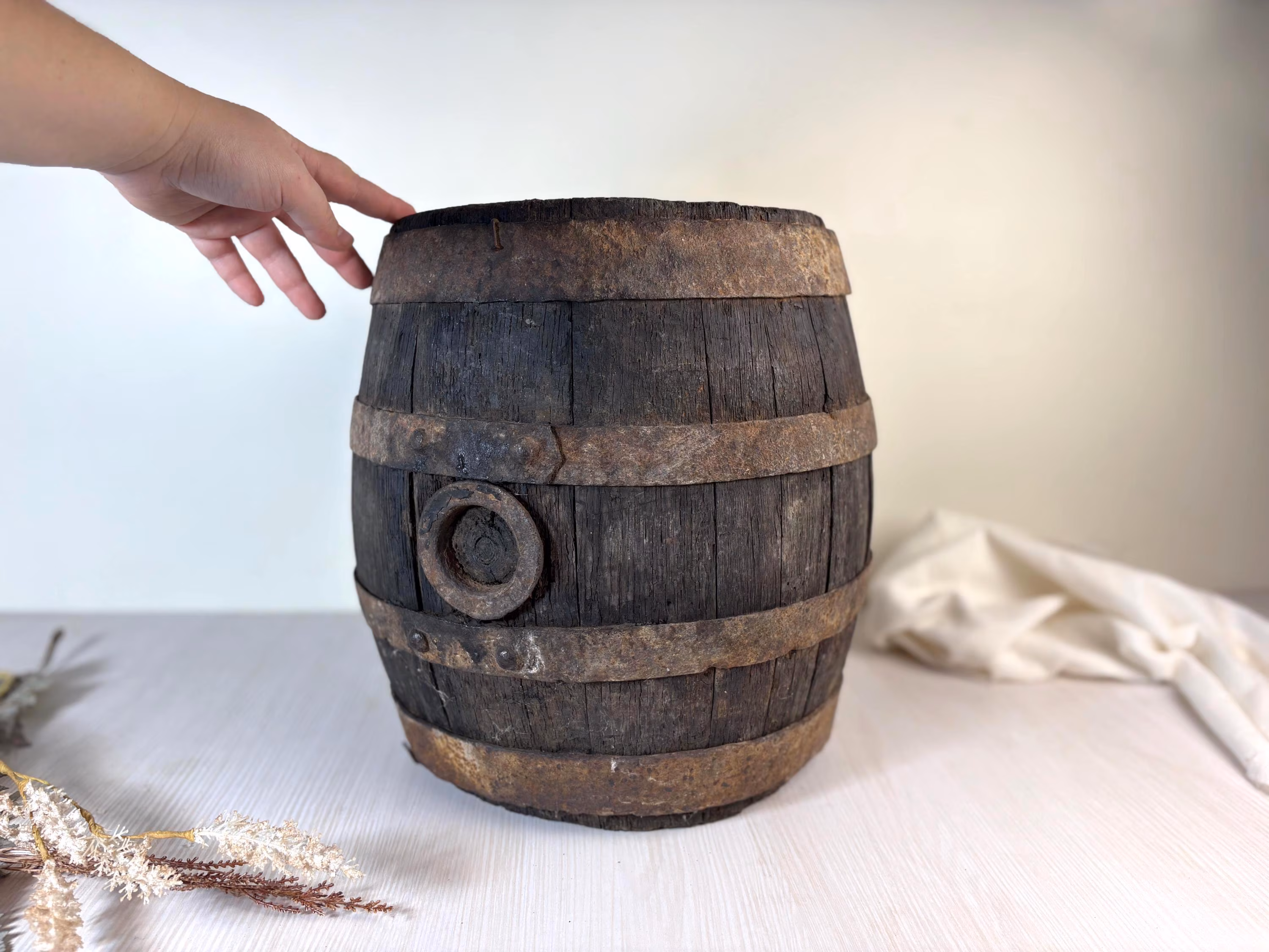 antique Rustic Wooden Barrel Vintage Hand Carved Kitchen Decor