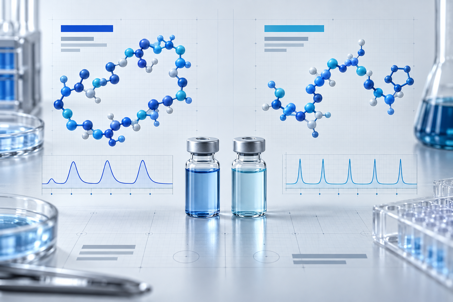 Two separate blue peptide structures and a timing waveform arranged with research vials on a pale laboratory grid.