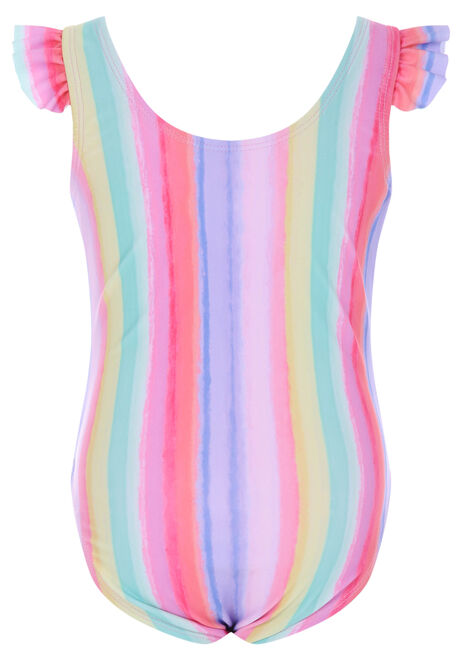Younger Girls Pink Stripe Frill Sleeve Swimsuit