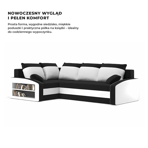 Narożnik Rozkładany z Półkami do Salonu CZARNY, BIAŁY, LEWY