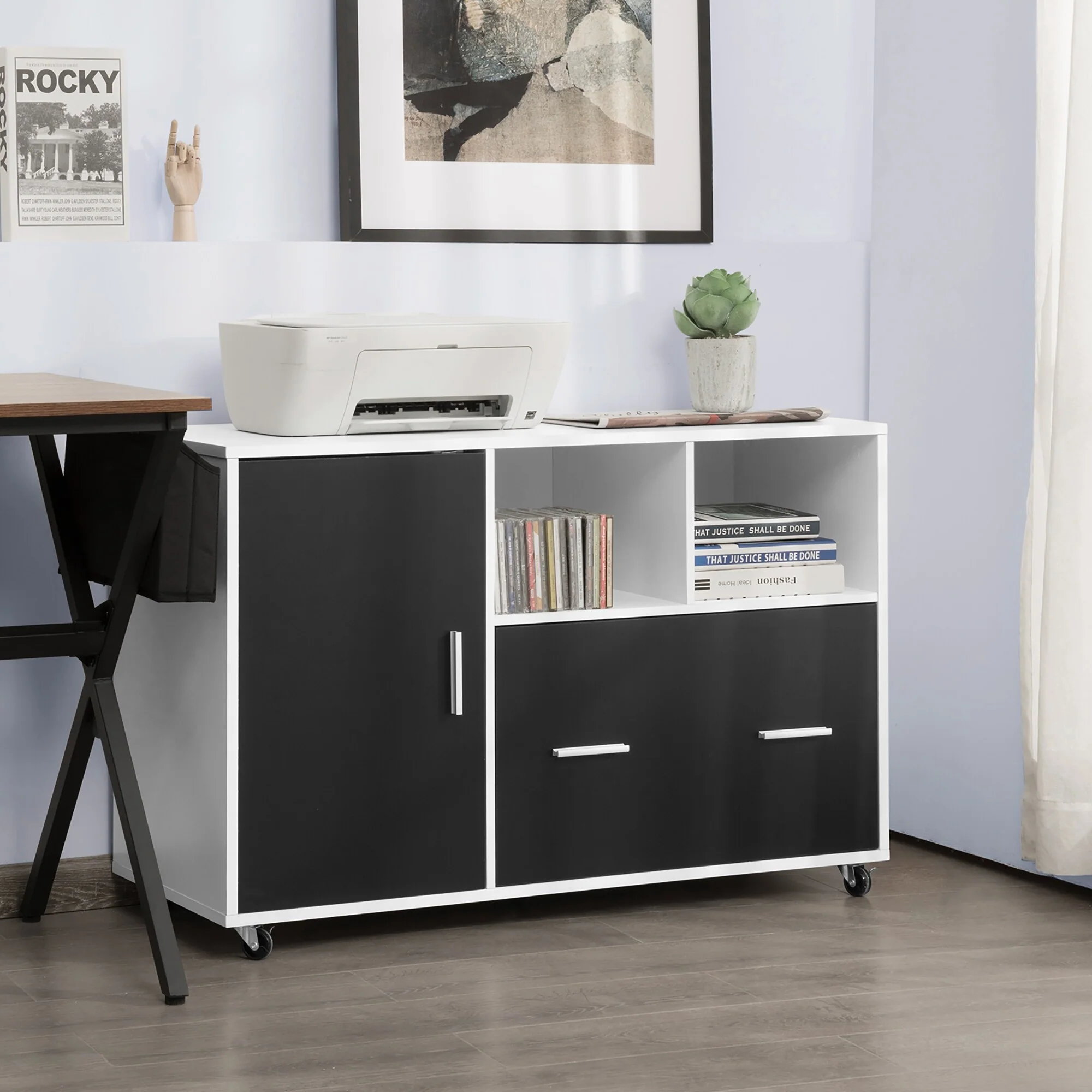 Costway Lateral File Cabinet Mobile Storage Shelves Printer Stand - Black & White
