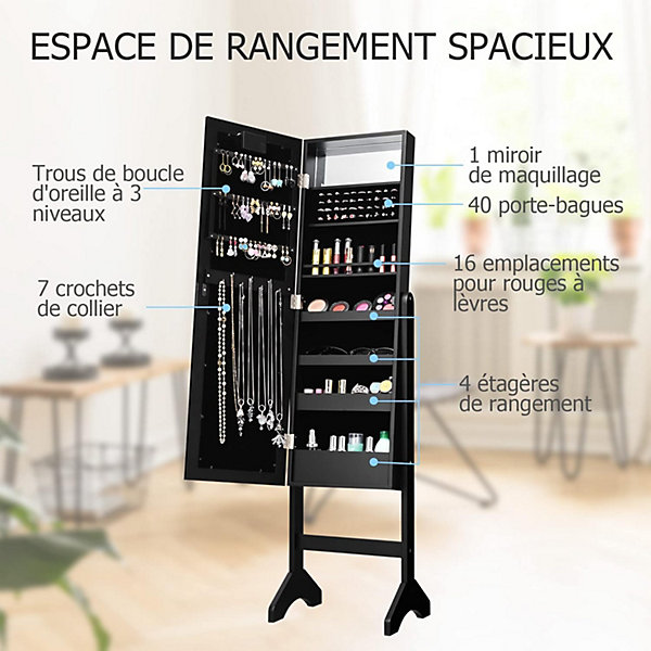 Armoire a Bijoux Autoportante Verrouillable avec Crochet de Collier Noir