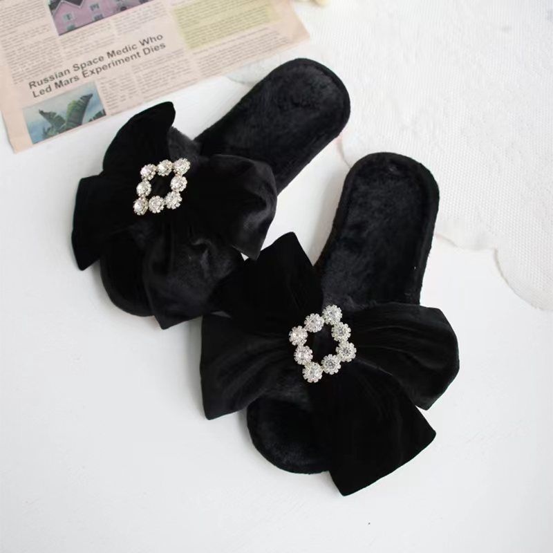 PEACH ACCESSORIES Plush Black Velvet Slippers with Crystal Bow Detail