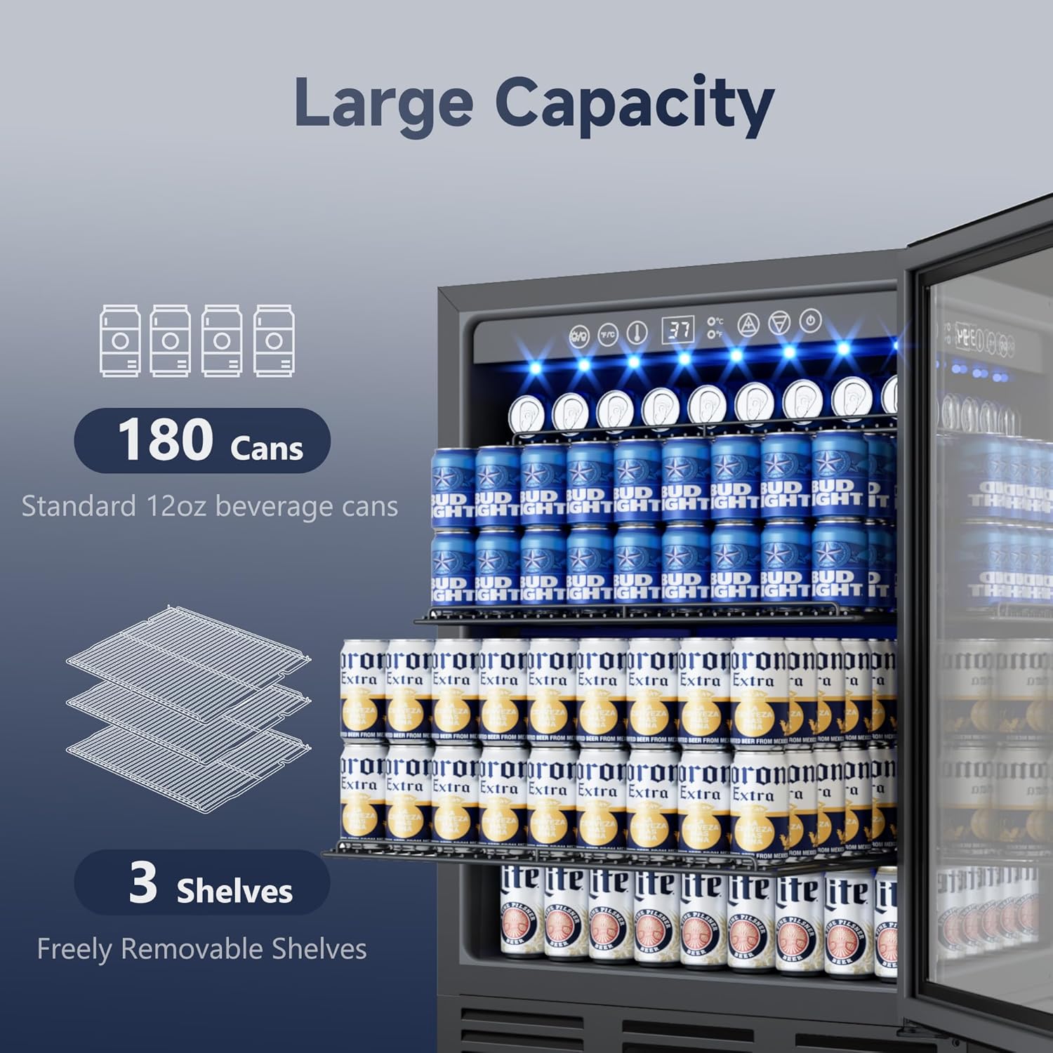 24 Inch Beverage Refrigerator, 180 Cans Beverage Refrigerator with Glass Door, LED Light, Under Counter Refrigerator for Soda, Water, Wine, Drink Fridge for Home, Bar or Office