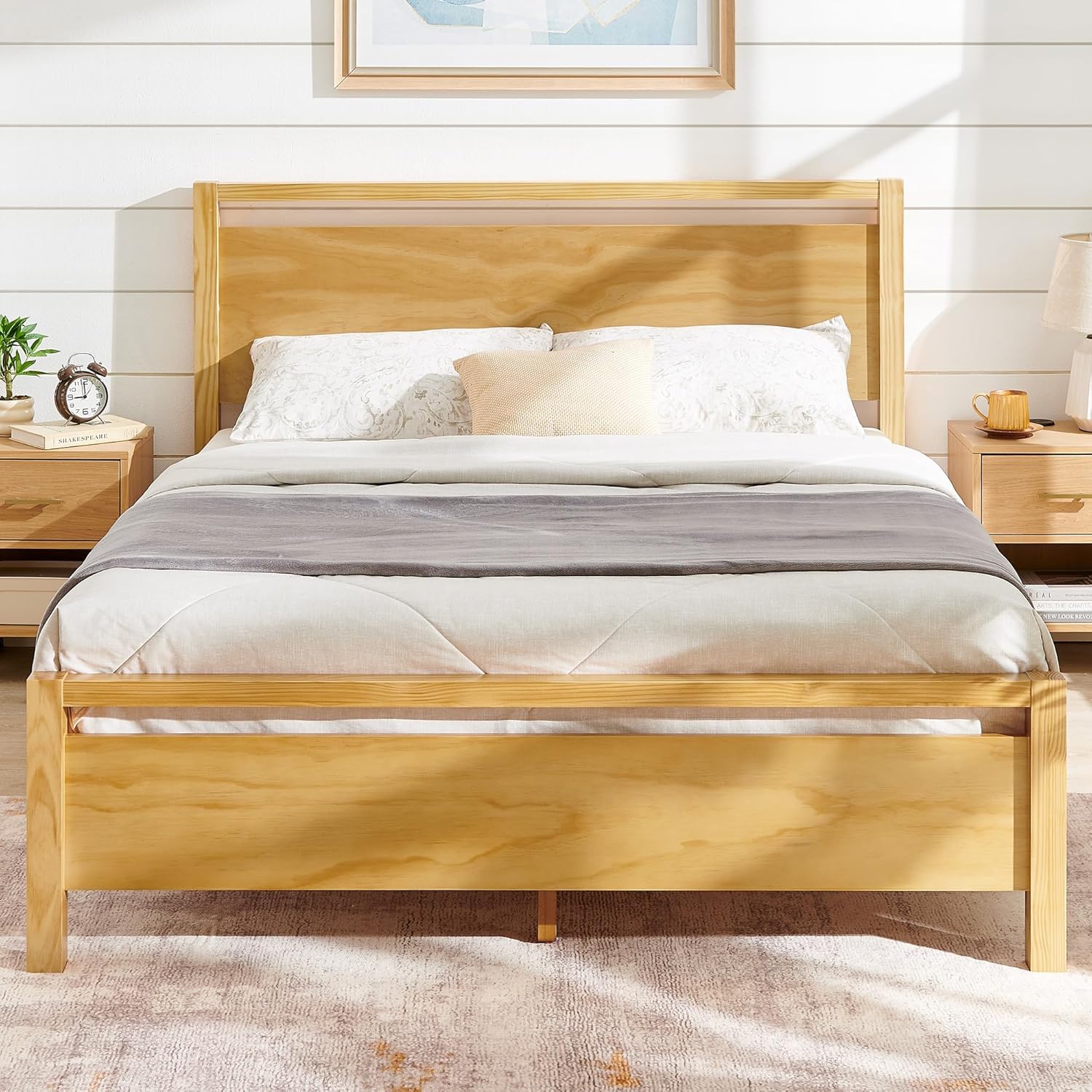 AMERLIFE Full Size Solid Wood Bed Frame with Headboard, Minimalist Platform Bed with Wood Slats Support/No Box Spring Needed/Easy Assembly/Noise-Free, Natural