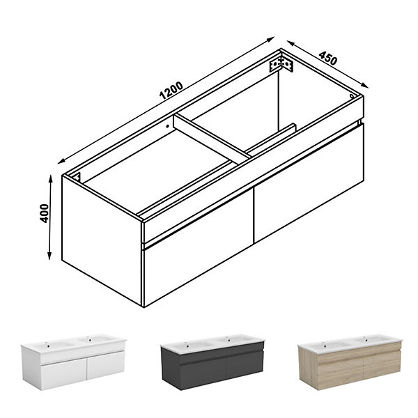 Meuble de salle de bain 120cm à double porte, suspendu, Chêne