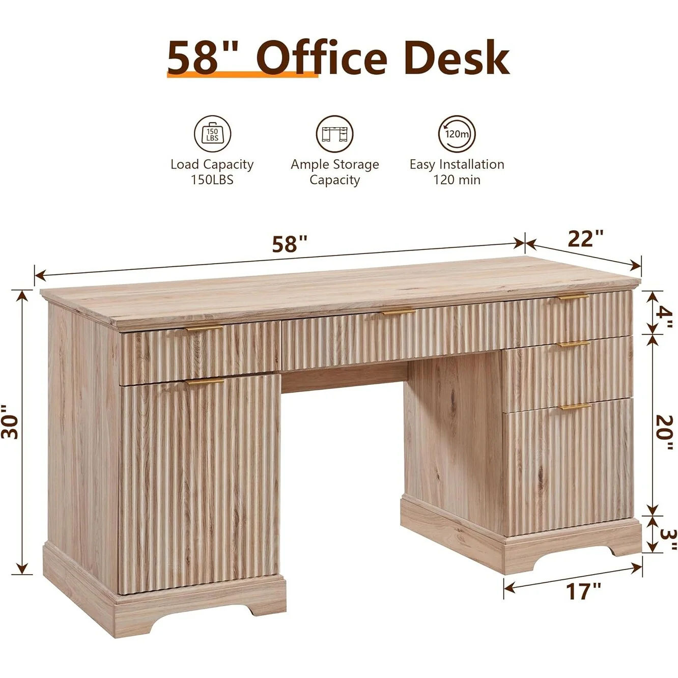 58 Modern Executive Desk with Storage, Wood Home Office Desk