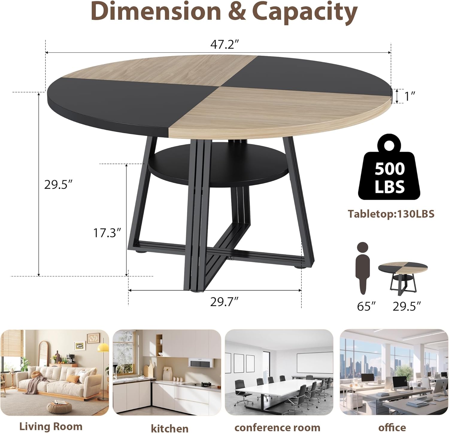 GarveeHome 47 Inch Round Dining Table for 4-6, Farmhouse Pedestal Kitchen Table with Storage Shelf, Space-Saving Circle, for Kitchen, Dining Room, Living Room, Apartment, Table Only- Natural & Black