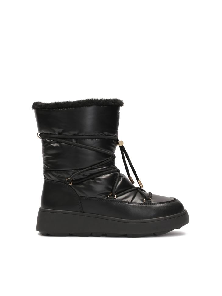 Ladies' black snow boots of grain leather and fabric