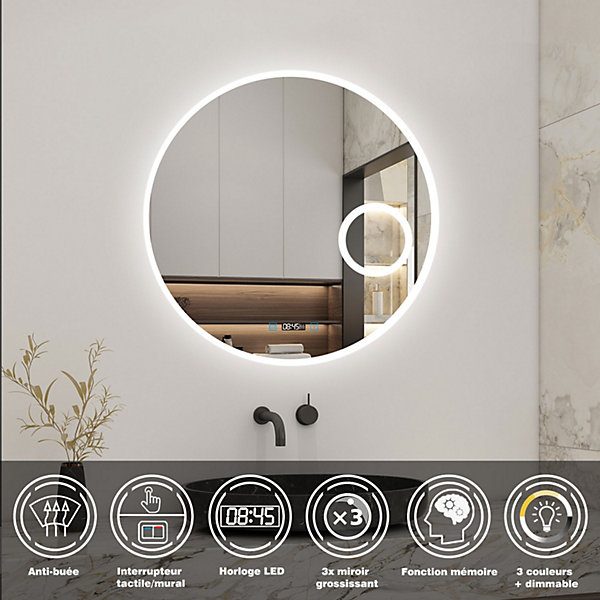 Miroir rond de salle de bain 60cm LED tricolore horloge   loupe   anti-buée   mémoire, AICA SANITAIRE