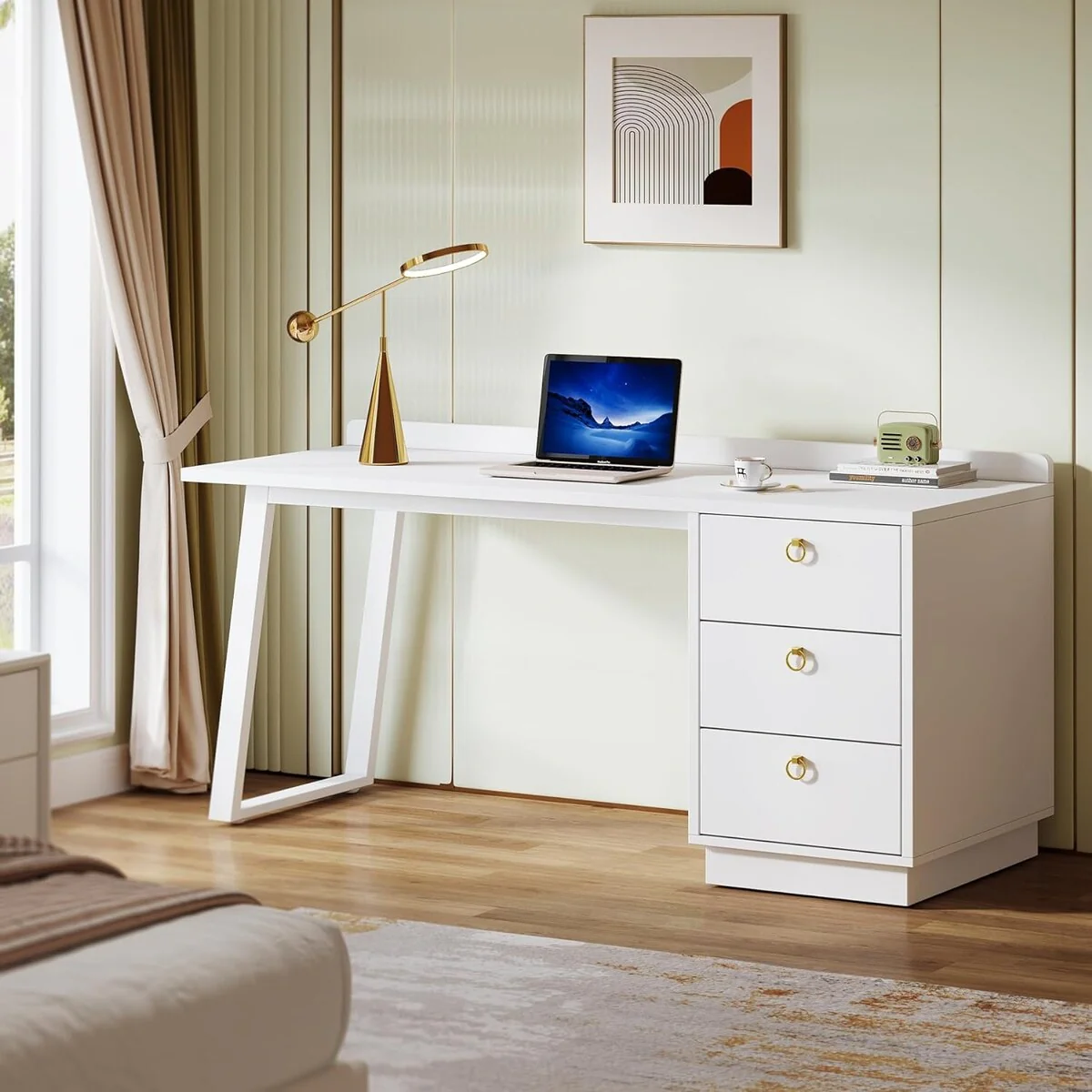 White Computer Desk with Drawers, 55 Inches Modern Study Writing Table for Home Office