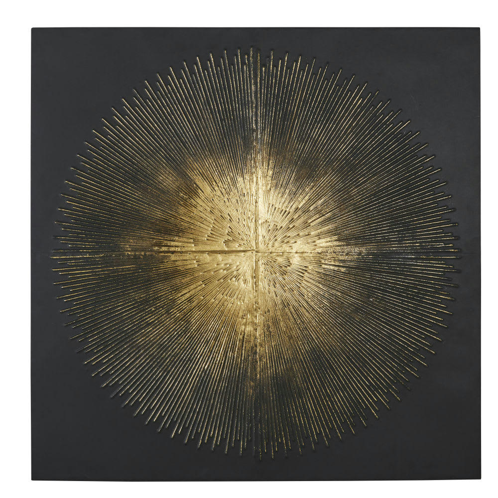 SOLAR - Déco murale en métal noir et reliefs dorés 90x90