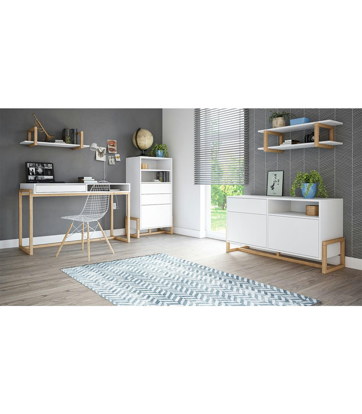 OSLO - Buffet bas 2 portes 1 tiroir avec pieds en hêtre L119 cm