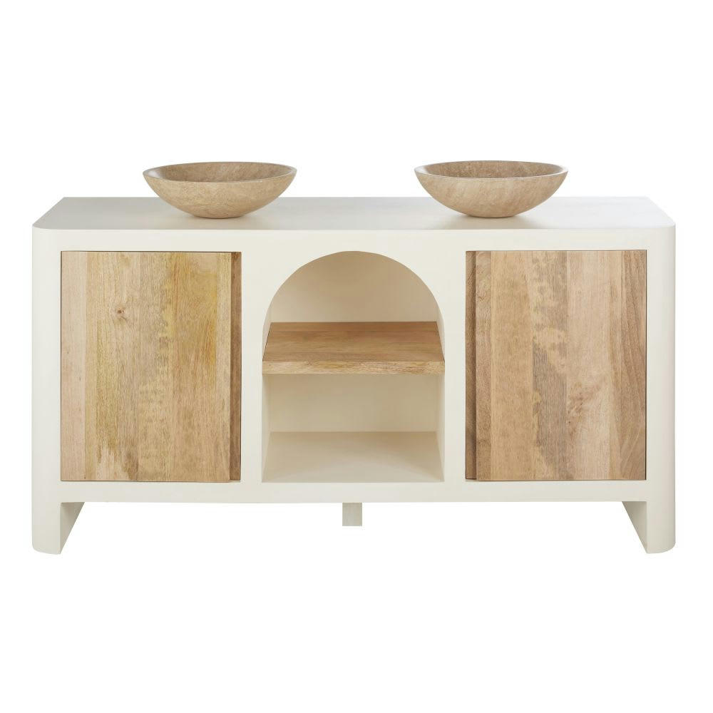 SARTENE - Meuble 2 vasques en bois de manguier beige et blanc crème
