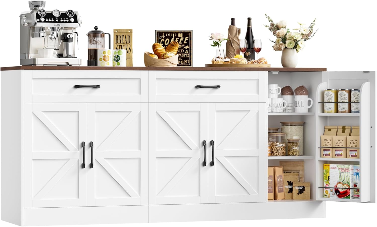 71” Large Sideboard Buffet Cabinet with Storage, Farmhouse Buffet Cabinet with Adjustable Shelves and 3 Door Shelves, Wood Coffee Bar Console Table for Kitchen, Dining Room (White)