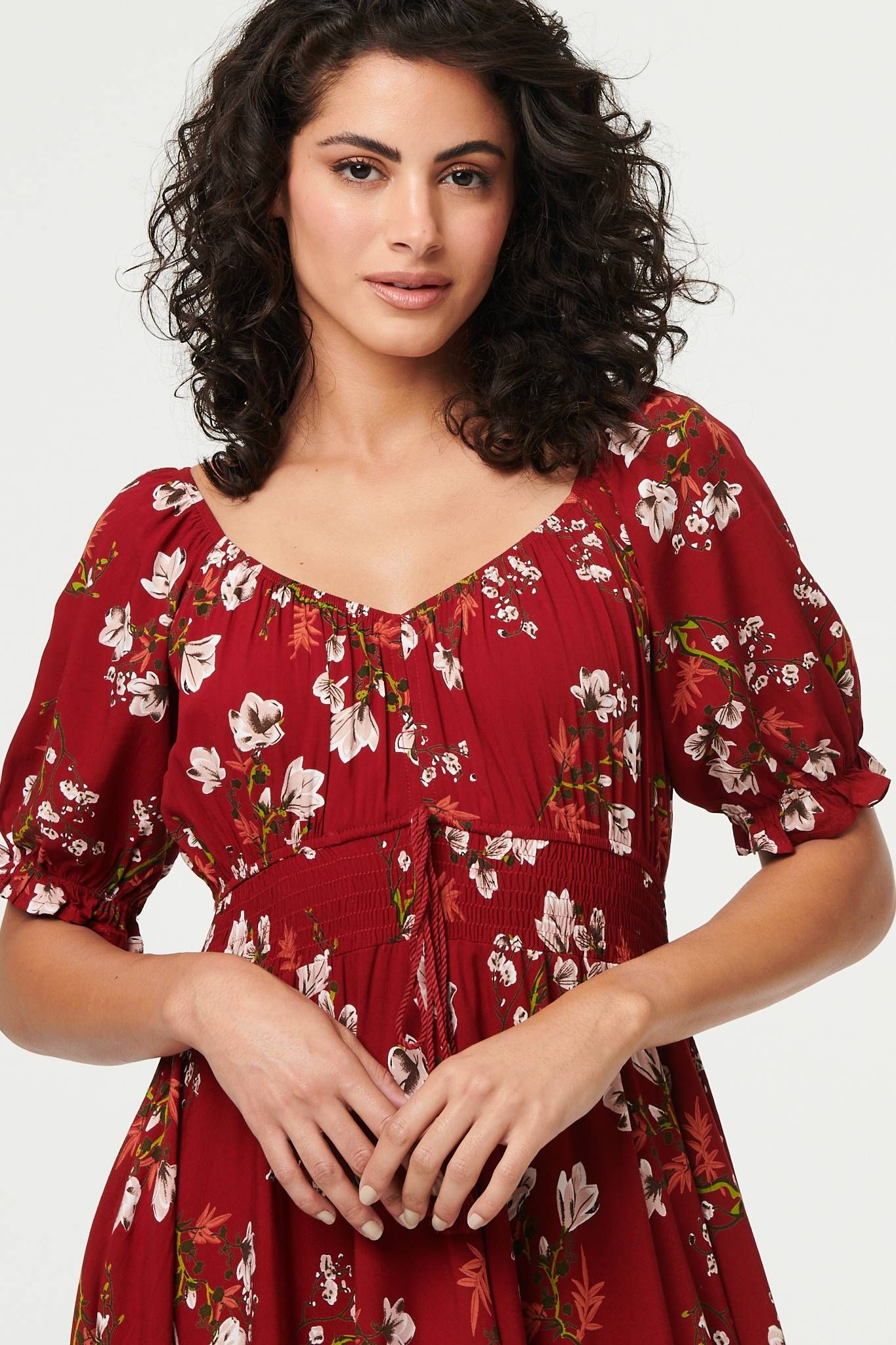 Izabel London Floral Bardot Shirred Empire Maxi Dress