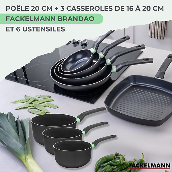 Lot 1 Poêle 20cm et 3 Casseroles 16/18/20cm Fackelmann Brandao avec 5 ustensiles
