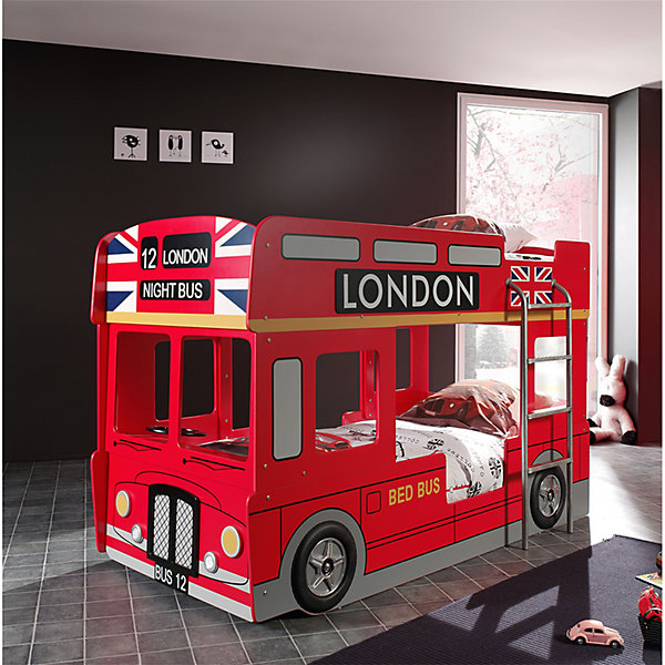 Lit superpose 90x200 Bus Londonien sommier inclus Vipack Car Beds - Rouge