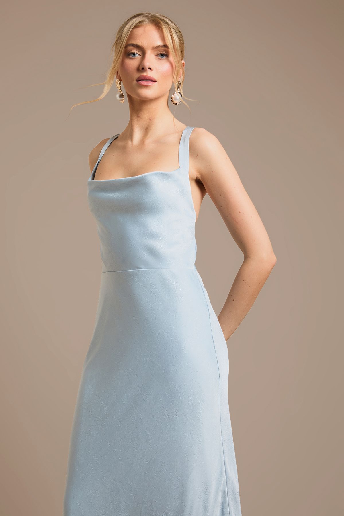 Oasis Light Blue Cross Shoulder Tie Back Satin Maxi Bridesmaid Dress