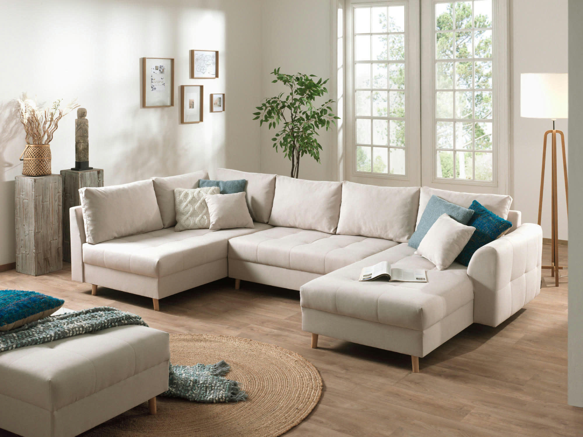 RUNE - Canapé panoramique 7 places angle gauche en tissu beige