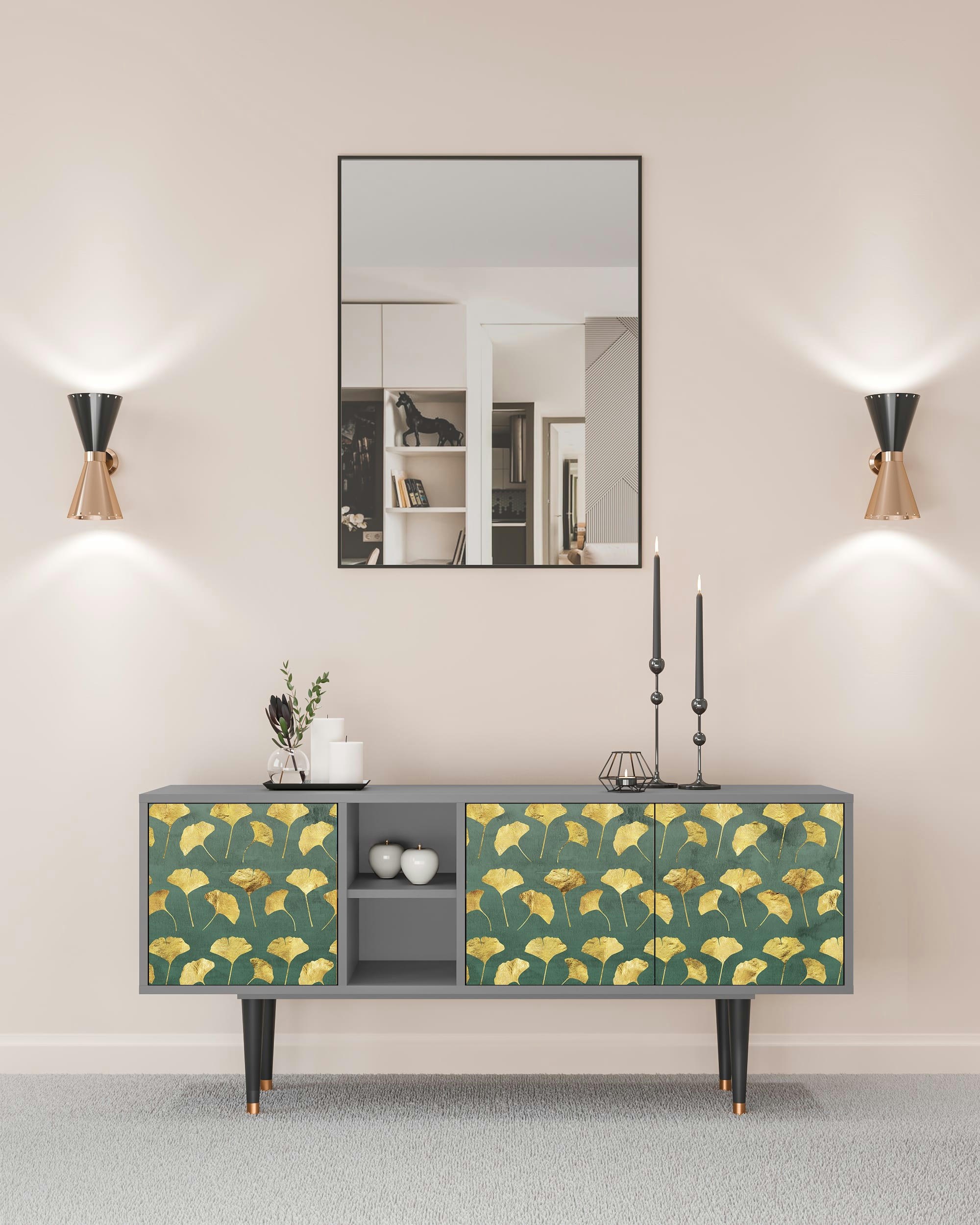 GINGKO LEAVES - Meuble TV  vert et jaune 3 tiroirs L 150 cm