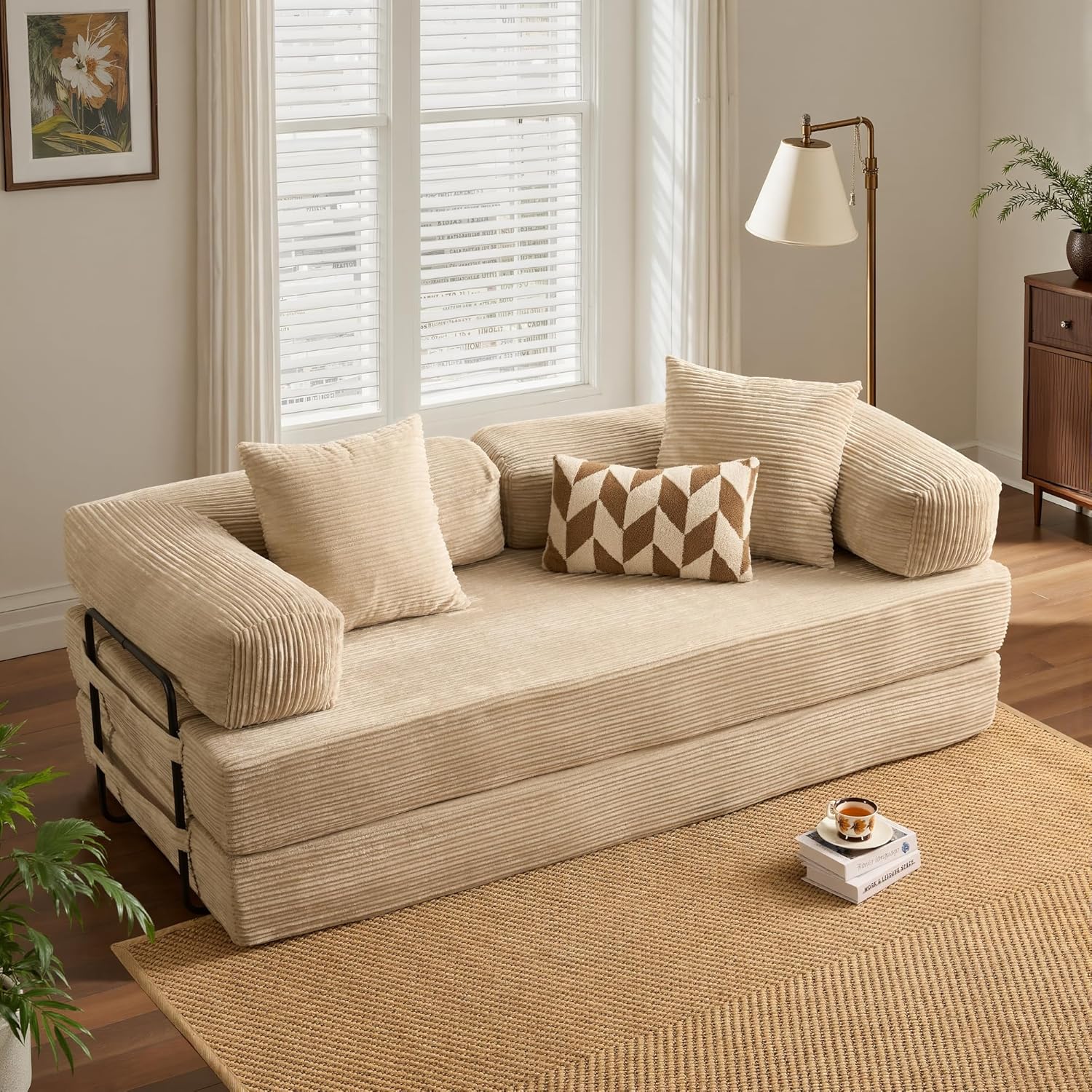 ovios 81 Folding Sofa Bed, Foldable Sleeper Boneless Couch with Pull Out Beds, Modular Convertible Floor Futon Loveseat Lounger for Living Room (Corduroy, Beige)