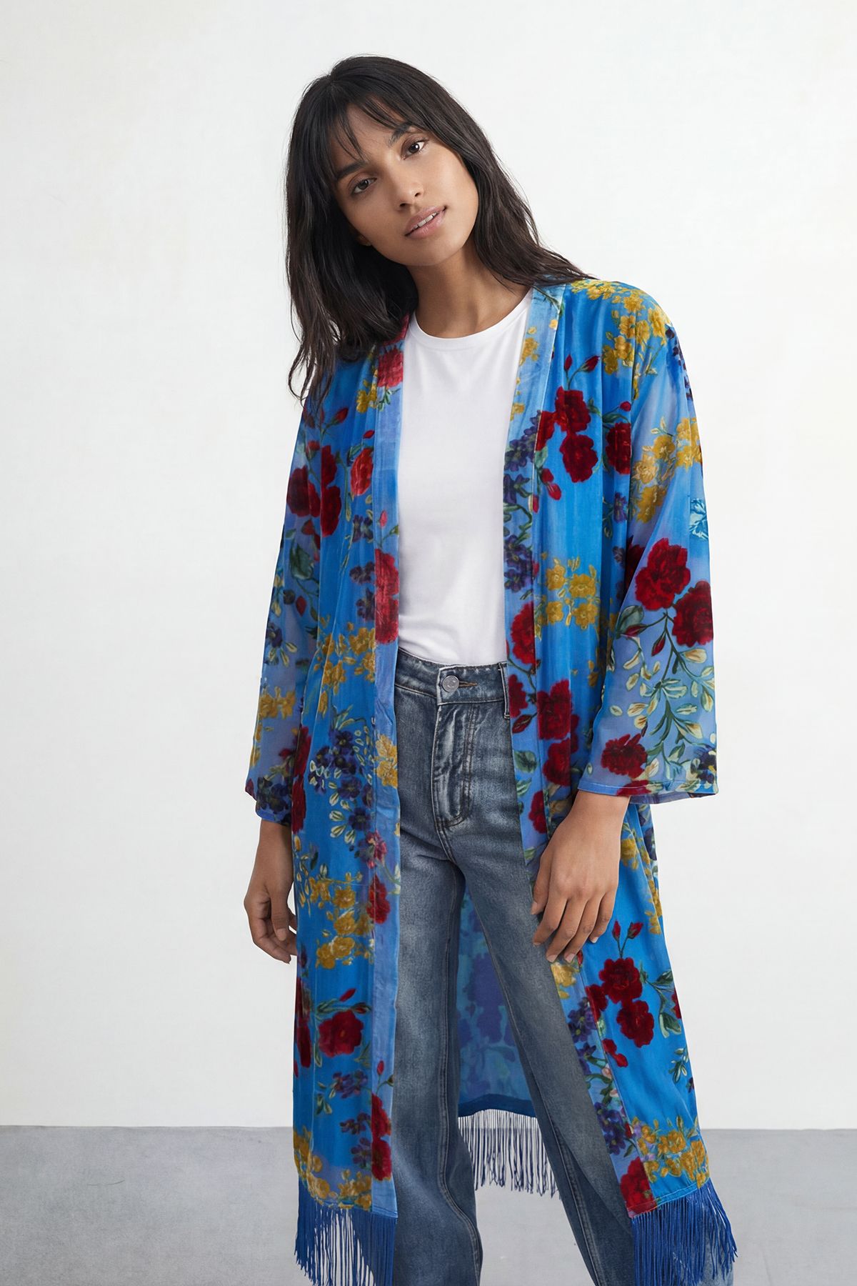 Warehouse Petite Premium Burnout Fringe Hem Midi Kimono