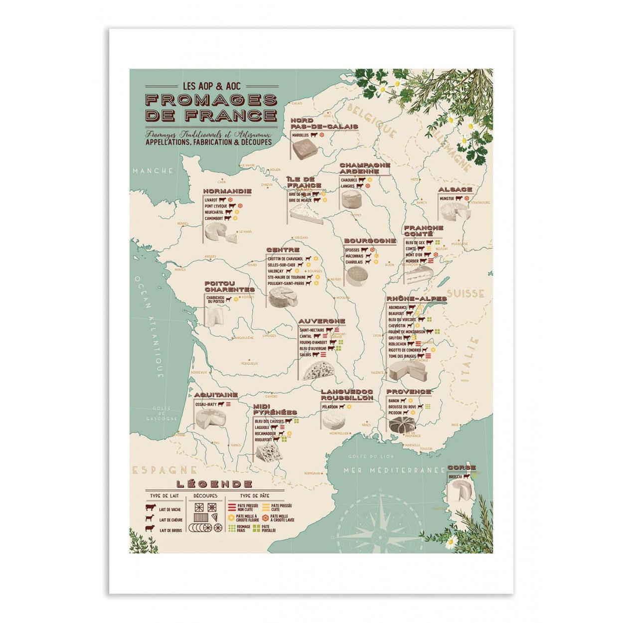 FROG POSTERS - CARTE DES FROMAGES DE FRANCE - FROG POSTERS - Affiche d'art 30 x 40 cm