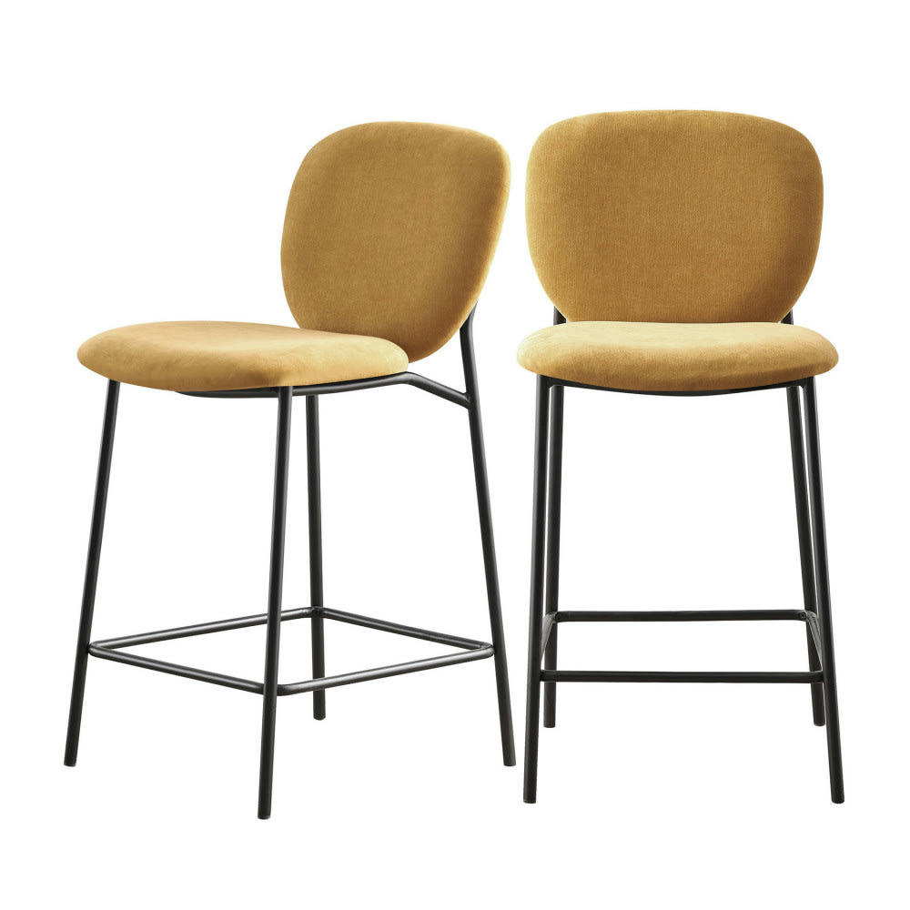 DALBY - Lot de 2 tabourets de bar en tissu et métal 65cm jaune moutarde