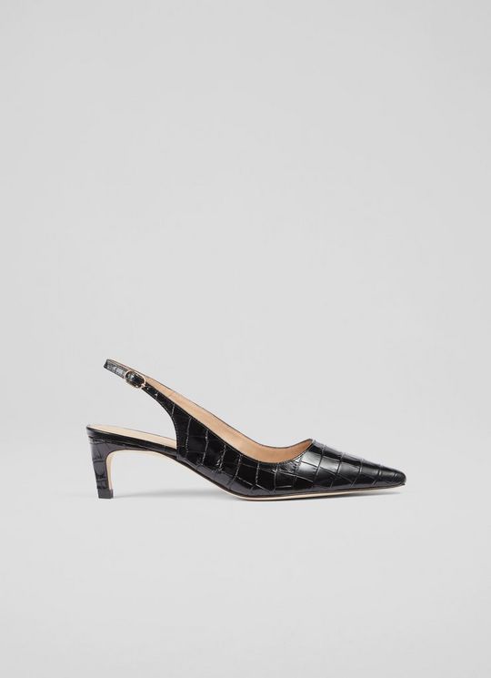 Alyssa Black Croc-Effect Leather Kitten Heel Slingbacks